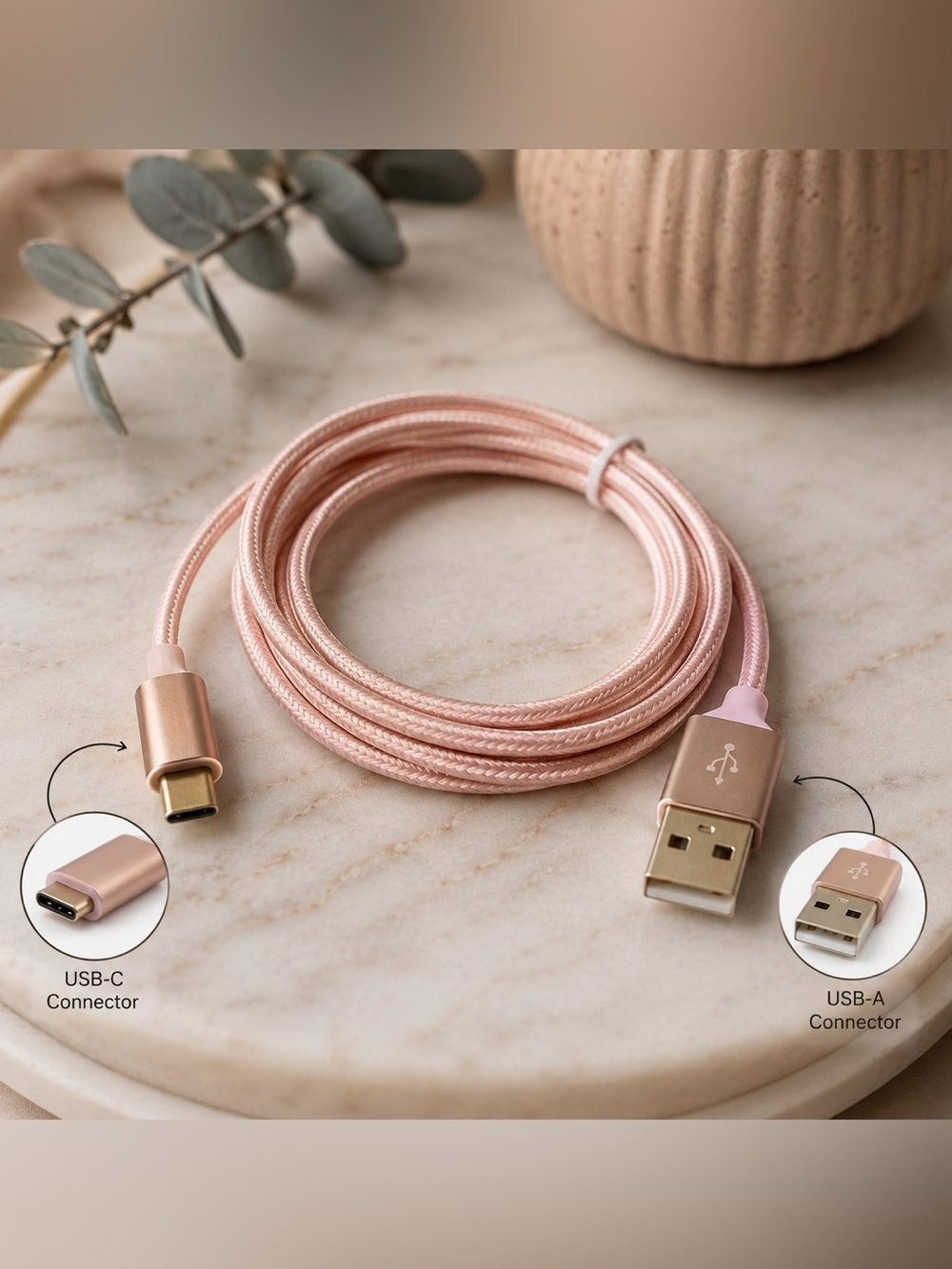 Rose Colored Braided USB-A to USB-C Charging Cable - Fast Charge Galaxy & Apple